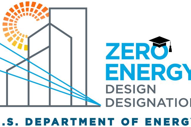 The Zero Energy Design Designation logo has stylized buildings with a sun behind them