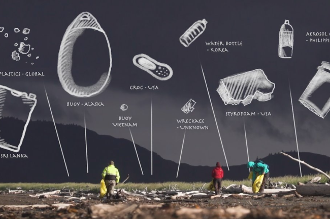 graphic shows the commony types of ocean plastics overlaid on top of an image of a beach cleanup in Alaska